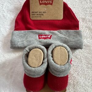 Levi's Red and Gray Infant Hat and Bootie Set